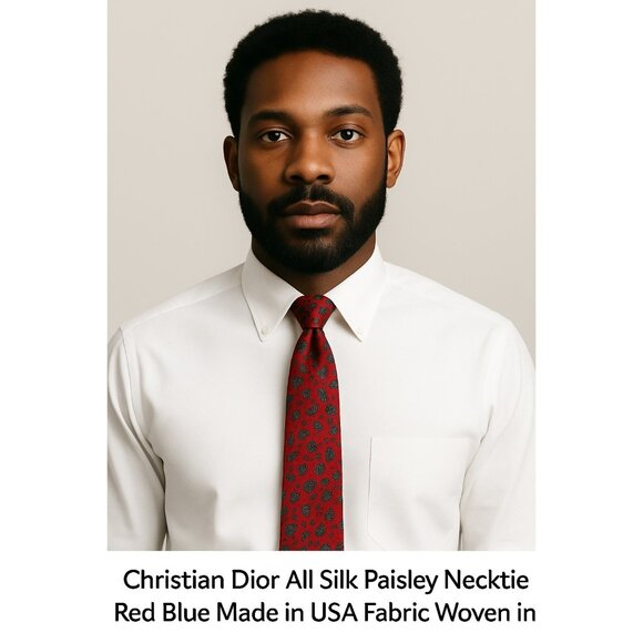 Christian Dior All Silk Paisley Necktie Red Blue Made in USA Fabric Woven in Ita - Picture 5 of 5